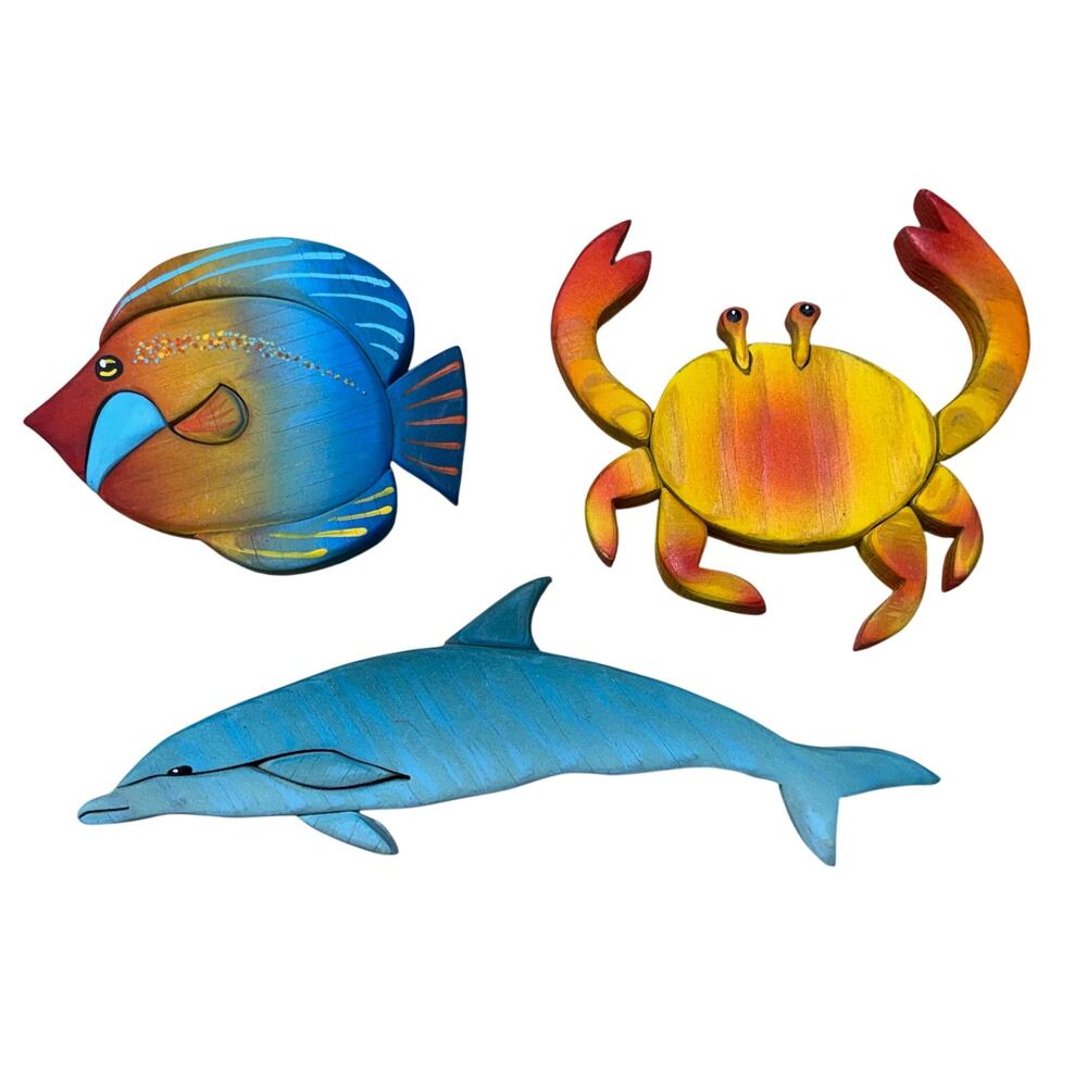 Nick Vidakovic Intarsia Fish Dolphin Crab Nautical Wood Art - Picture 2 of 16